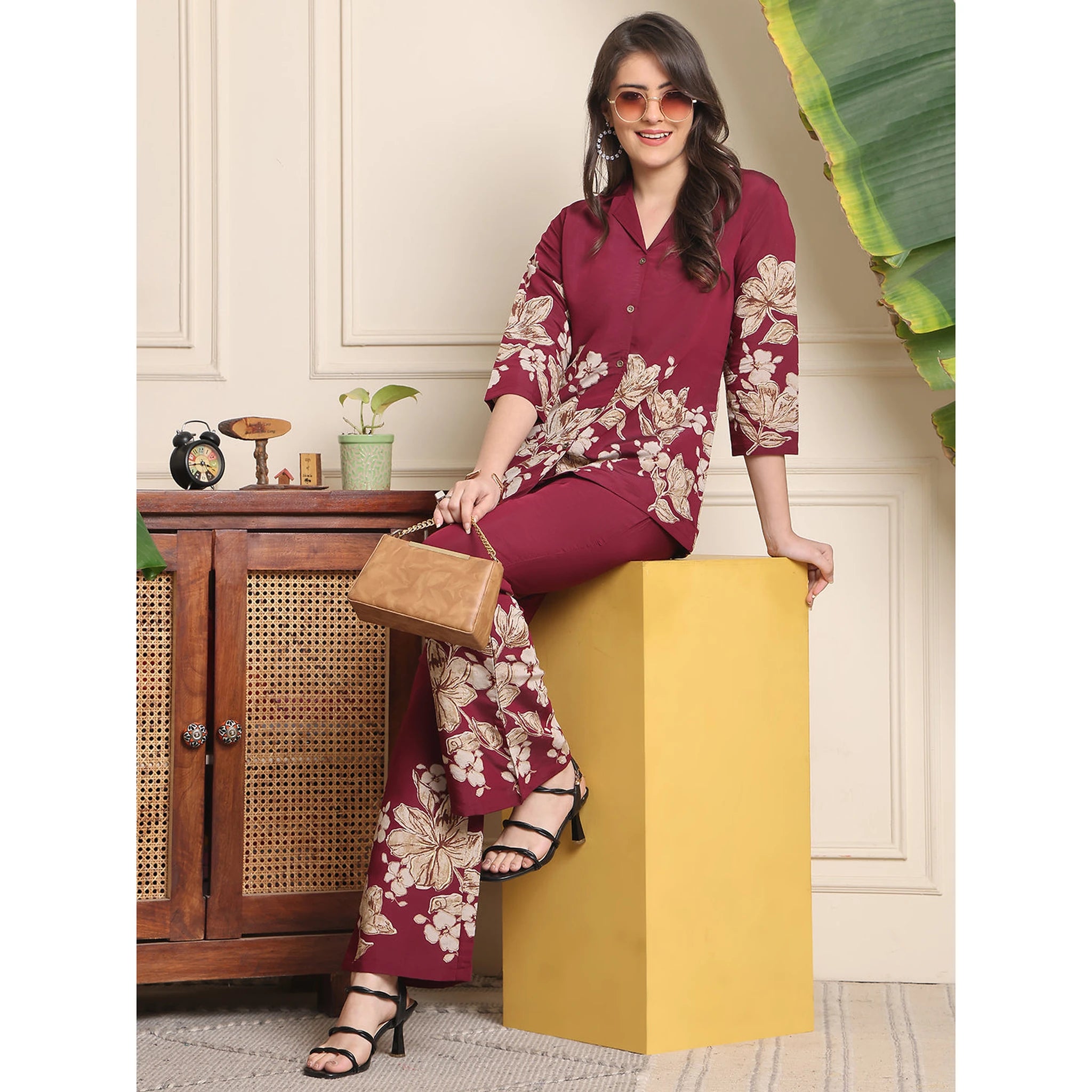 Elegant Wine Floral Co-ord Set in Soft Rayon