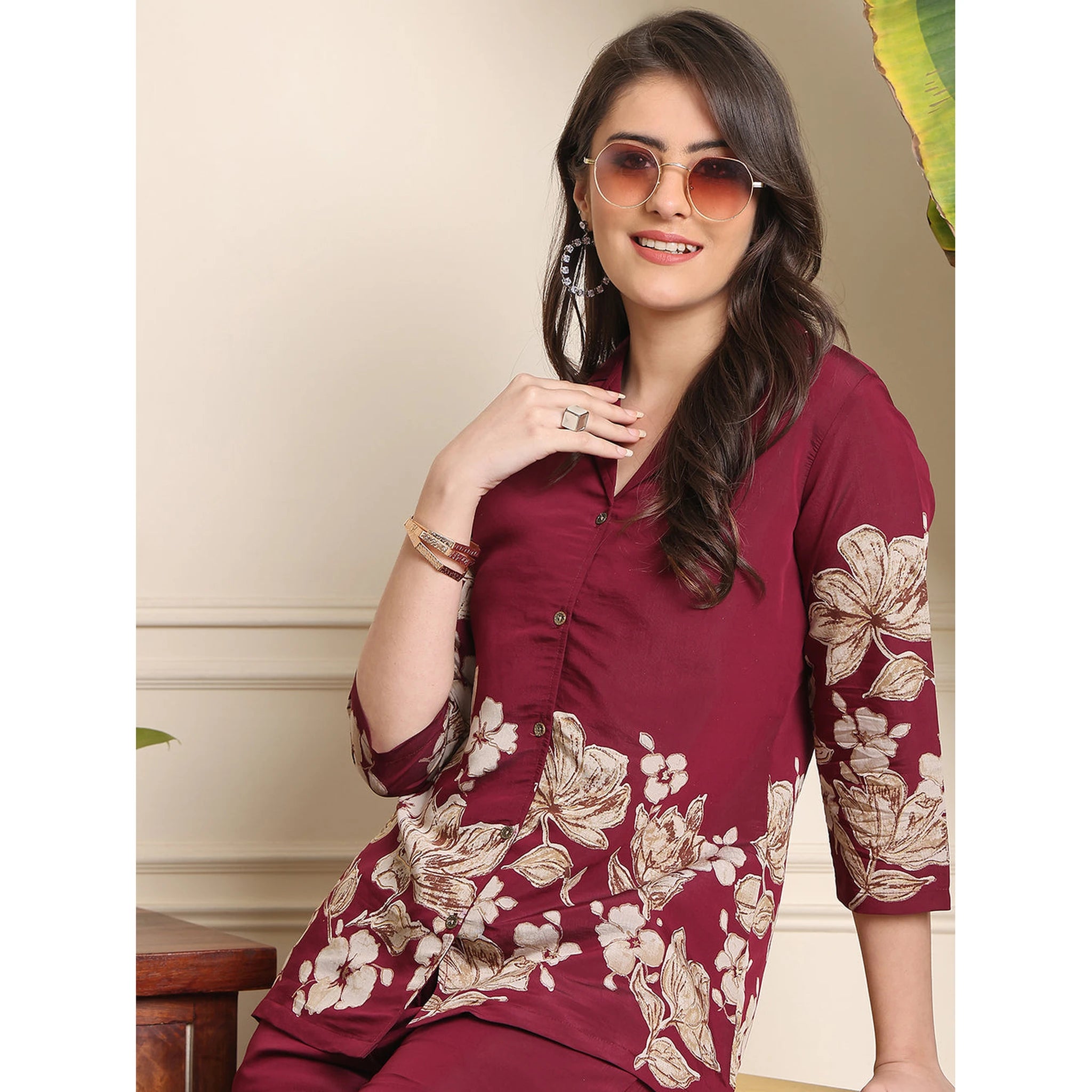 Elegant Wine Floral Co-ord Set in Soft Rayon