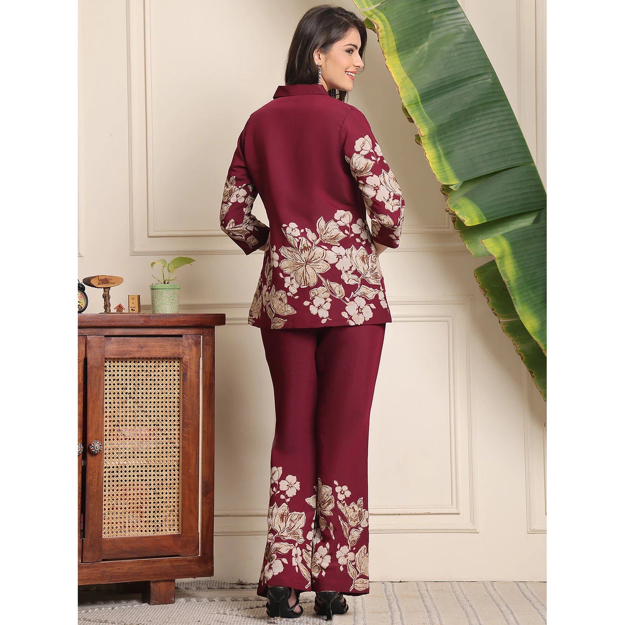 Elegant Wine Floral Co-ord Set in Soft Rayon