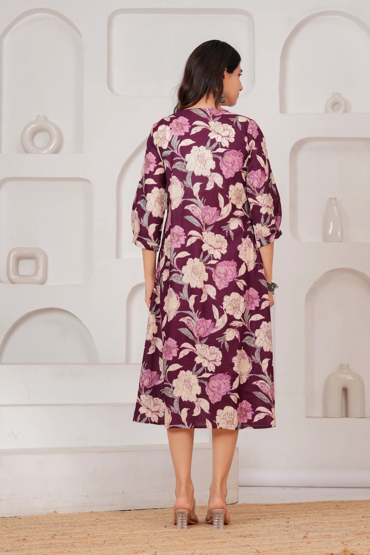 Elegant Plum Floral Printed Cotton Midi Dress for Women
