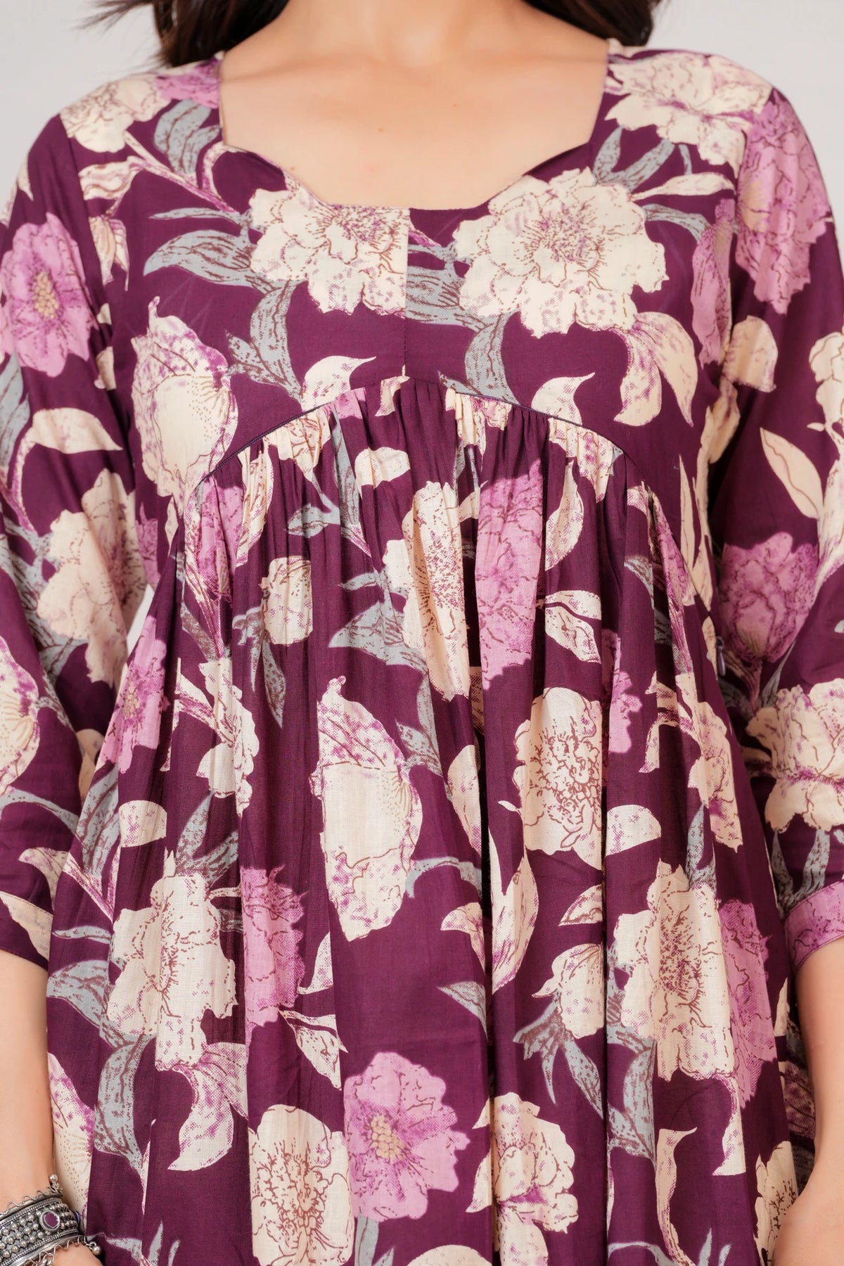 Elegant Plum Floral Printed Cotton Midi Dress for Women