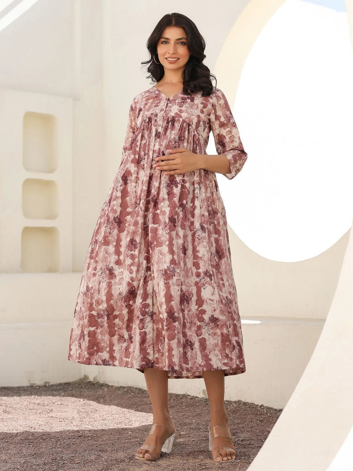 Clothycorp Pink Floral Printed Maternity Dress for Women